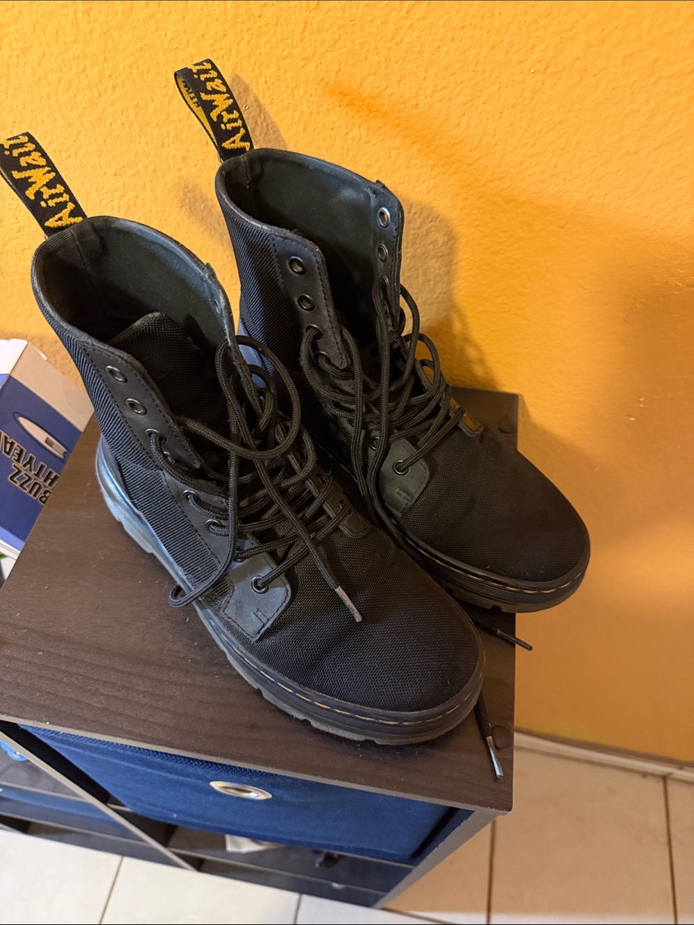 Dr. Martens Black Canvas Combat Boots with Yellow Heel Loop Good condition 8M